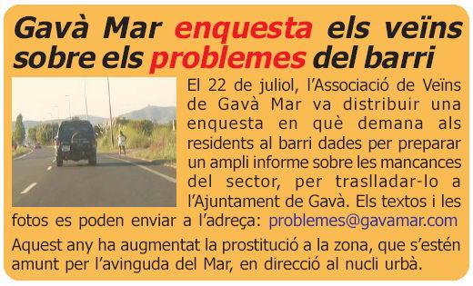 Notícia publicada a la publicació L'ERAMPRUNYÀ (número 36 - agost 2006) sobre la gestió dels problemes de Gavà Mar realitzada per l'AVV de Gavà Mar